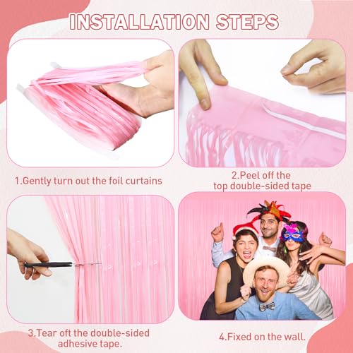 Image of 2Pack Foil Curtain Pastel Pink Backdrop Streamers Metallic Tinsel Fringe Curtains Photo Booth Props for Birthday Wedding Engagement Bachelorette Christmas Celebration Valentines Party Decorations