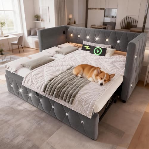 LANTRO JS Upholstered Daybed with Trundle, Velvet Corner Sof