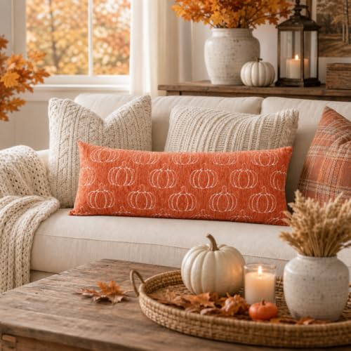 Image of Fall Pumpkin Chenille Pillow Covers 14x36 | Soft Chenille Double-Sided Pumpkin & Plaid, Thick & Cozy Farmhouse Autumn Decorative Cushion Covers for Couch Sofa Bed