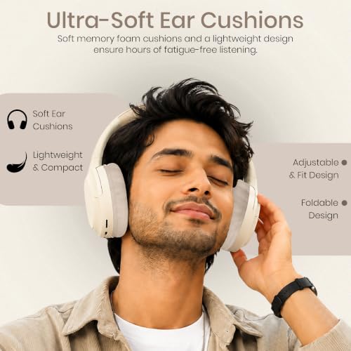 Image of PunnkFunnk BeatXtra Lite Premium Wireless Bluetooth Headphones V5.3, Over Ear Stereo Headset with Built-in Microphone, 40mm Drivers, AUX Mode, Comfortable Cushions, Up to 250 Hours Standby (Beige)