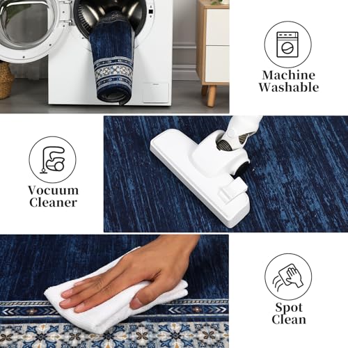 GlowSol Washable Runner Rug 2x6 Rug Modern Bordered Rug Non Slip Kitchen Rugs Runner Soft Bathroom Rug Runner Non-Shedding Carpet Runner for Bedroom Entryway Laundry Room,Navy