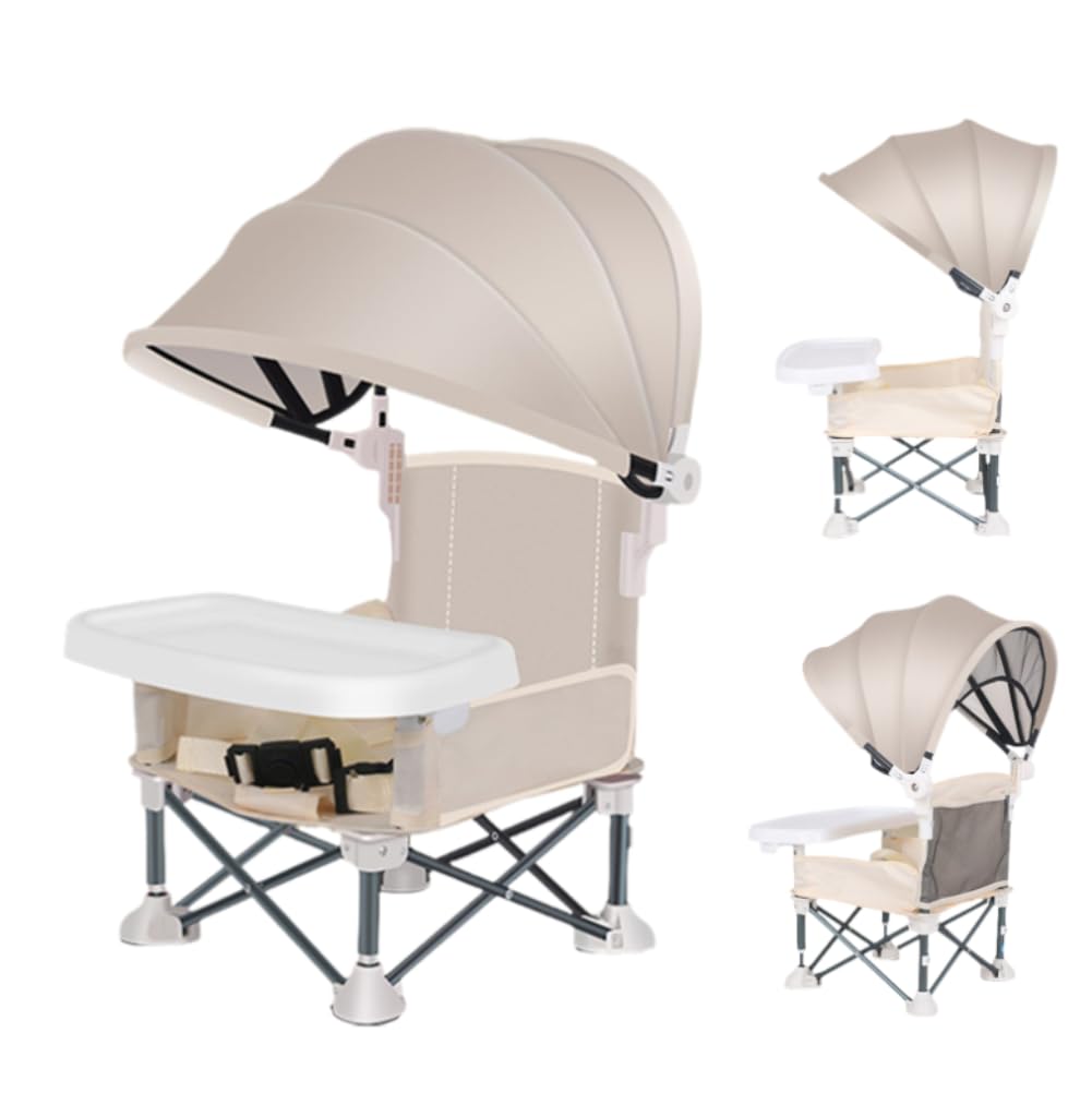 Baby Campingstuhl, Faltbar Babystuhl mit Abnehmbarem Tablett Und Sonnenschirm, Tragbarer Babysitz, Baby Strandstuhl, Kinder Esszimmerstuhl für Outdoor Camping S-trand Rasen (Beige)