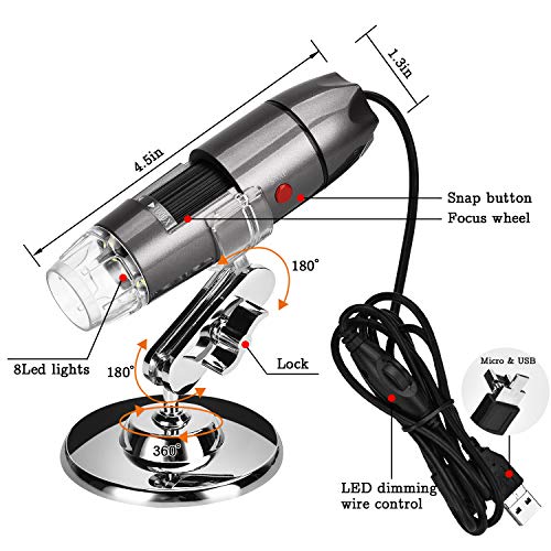 Image of USB Digital Microscope 40X-1000X Handheld Mini Microscope Camera Compatible with Window 7 8 10 Android for Students Engineers Biology Lovers Microbiological Observation, Gray