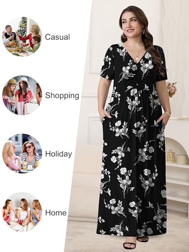 Image of PEVRL Plus Size Summer Maxi Dress for Curvy Women with Pockets 1X-5X | Short Sleeve, Twisted Front V-Neck, Summer Casual A Line Flowy Dress, Empire Waist Floral Print Beach Vacation Long Dress