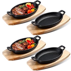 Mifoci Set of 4 Cast Iron Mini Oval Serving Dish Pans with Wooden Base 8oz Mini Cast Fajitas Iron Small Iron Skillet Dishes Black Little Pans Skillets for Baking Roasting (8.5 x 6.1 x 1.7 Inch)