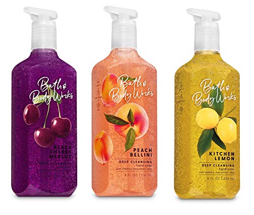 Bath and Body Works Deep Cleansing Hand Soap Trio -- Kitchen Lemon - Peach Bellini - Black Cherry Merlot -- Pack of 3 Hand Soaps, 8 ounces each