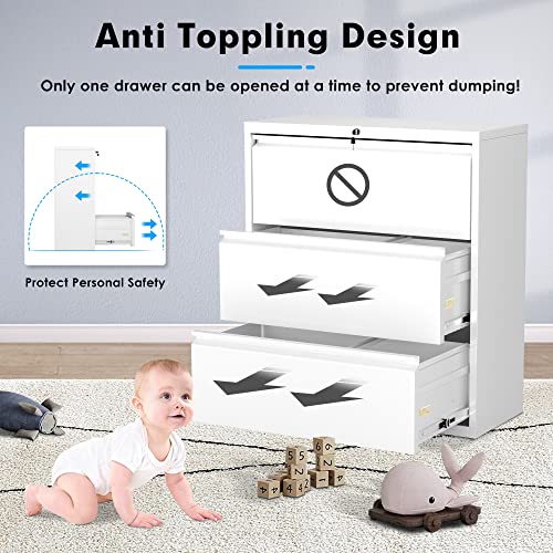 Greenvelly 3 Drawer Lateral File Cabinet, White Metal Lateral Filing Cabinet With Lock, Lockable Home Office Cabinet With Locking Drawers, 2 Keys For Legal And Letter Size #TOP7