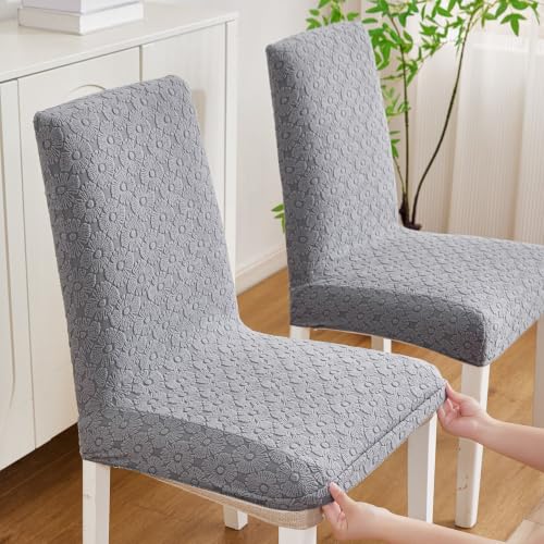 Image of HOMETHREADS Elastic Jacquard Chair Cover Stretch Removable Washable Short Dining Chair Cover Protector Seat Slipcover (D D.Grey, Pack of 1)