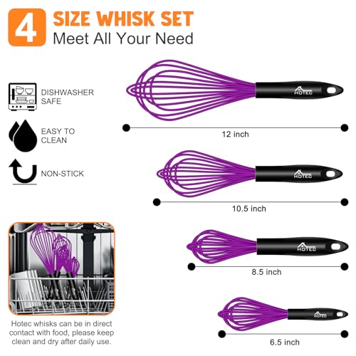 Image of HOTEC 4 Pieces Silicone Whisks Set, Wire Balloon Whisks for cooking Egg Beater, Non-slip Handle Whisk for Non-stick Cookware Perfect for Cooking, Stirring, Beating and Blending,Purple