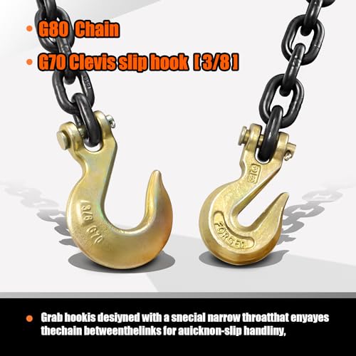 Image of G80 Log Chain 3 /8'' X 15 Feet Transport Chain with Clevis Grab Hooks | Heavy Duty Safety Chain WLL 7,100 lbs for Hauling & Towing