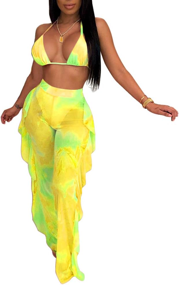 Ophestin Womens Sexy Halter Sheer Bikini Ruffle Long Pants Set 2 Piece Swimsuit