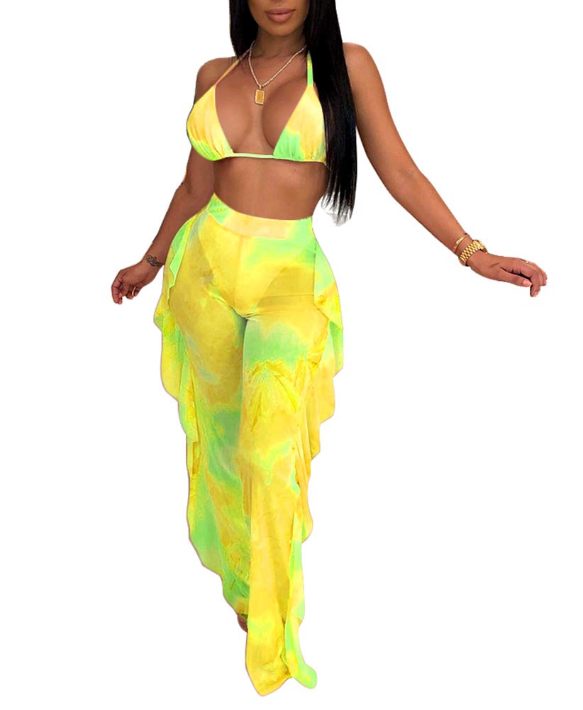 Ophestin Womens 2 Piece Bikini Set Print Top Ruffle Pants Sets