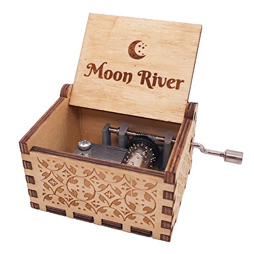 Moon River Music Box - Caja de música de madera grabada con manivela de 18 notas, reproduce río luna, color marrón