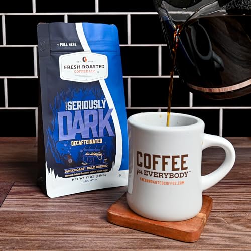 Image of Fresh Roasted Coffee, Seriously Dark Decaf Artisan Blend Drip Ground Coffee, Dark Roast, Kosher, 12 oz