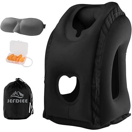 JefDiee Inflatable Travel Pillow, Airplane Neck Pillow Comfortably Supports Head and Chin for Airplanes, Trains, Cars and Office Napping with 3D Eye Mask, Earplugs and Portable Drawstring Bag (Black)