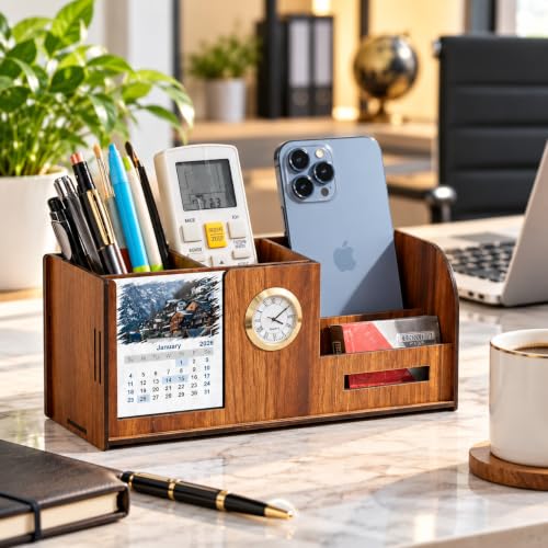 Image of Deskart Wooden Desk Organizer with Mobile Stand, Pen Holder, Visiting Card Holder, 2026 Calendar & Clock | Multifunction Office Table Organizer for Home, Office & Corporate Gifting, Corporate Gift