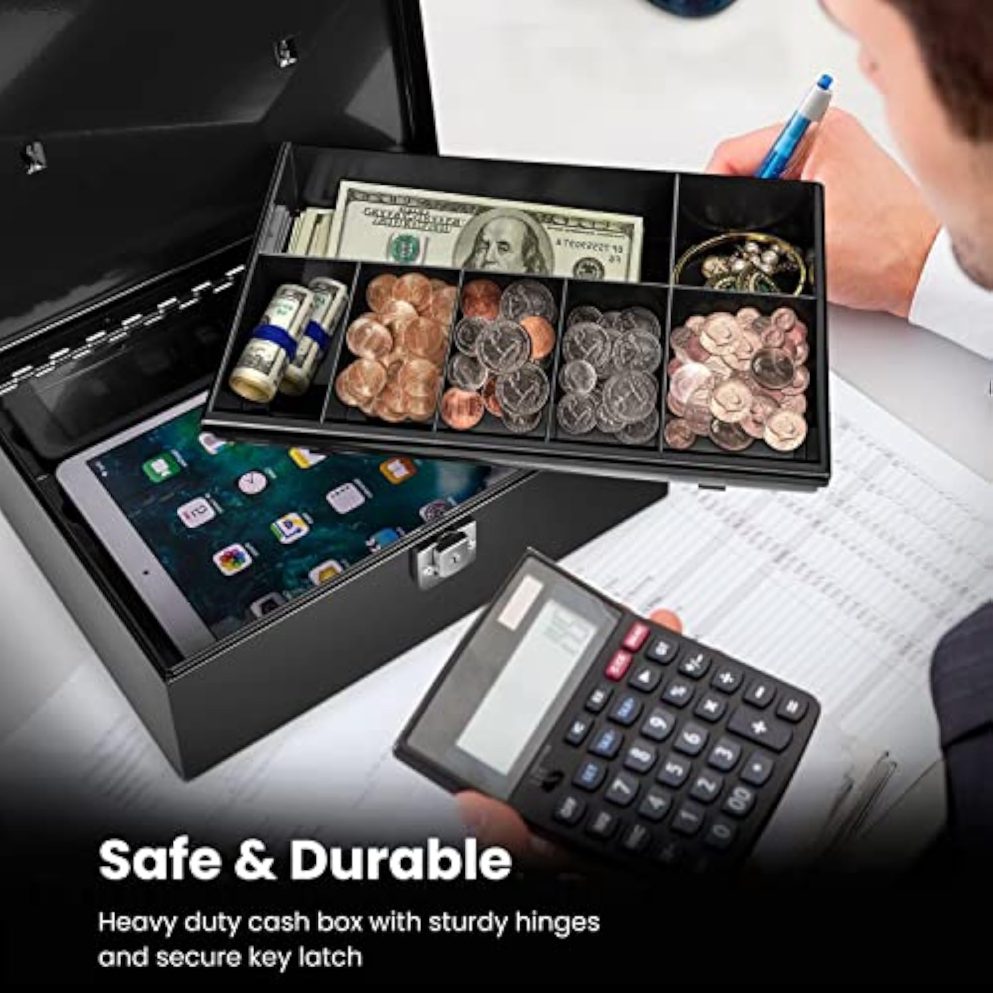 Cash Box with Money Tray, Portable Organizer