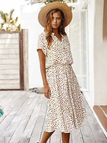 Milumia Womens Polka Dots Button Front Midi Dress Drawstring High Waist Short Sleeve A Line Long Dress3