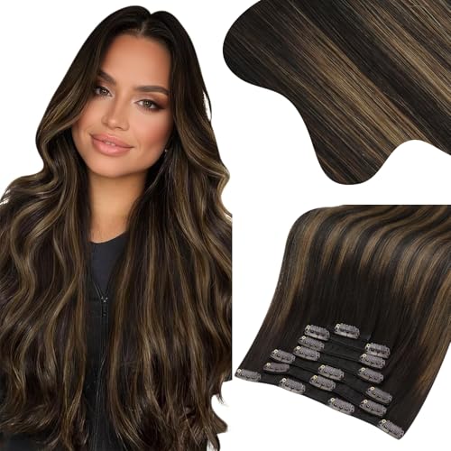 Image of Moresoo Clip in Hair Extensions Balayage Real Hair Extensions Clip in Human Hair Dark Brown Mixed with Chestnut Brown Ombre Clip on Hair Extensions Human Hair 7pcs 150g 22 Inch