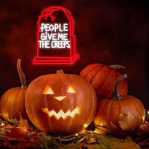 Image of GNVETZLL Halloween Neon Sign for Wall Decor Halloween Tombstone Neon Light Creeps Ghost LED Light up Sign for Party Gift Trick or Treat Party Backdrop