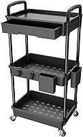 REBECAT 3 Tier Rolling Utility Cart with Drawer - Sturdy Multifunctional Storage Organizer for Kitchen, Bathroom, Office (Black)
