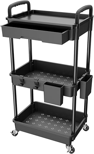 REBECAT - Carrito utilitario de 3 niveles con cajón, hecho de organizador de almacenamiento multifuncional para cocina, baño, sala de estar, oficina