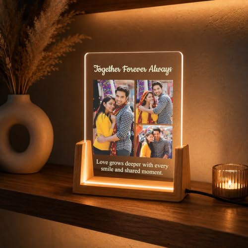 Image of Giftplease Personalized LED Acrylic Photo Frame with Custom Photos & Text | Engraved Acrylic Picture Lamp with Wooden LED Base | USB Night Light | Anniversary, Wedding, Birthday, Couple, Family, Decor