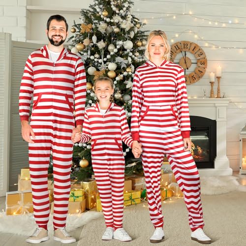 Couples Matching Christmas Pajamas Sets Striped Family Jumpsuit Hooded Long Sleeve4