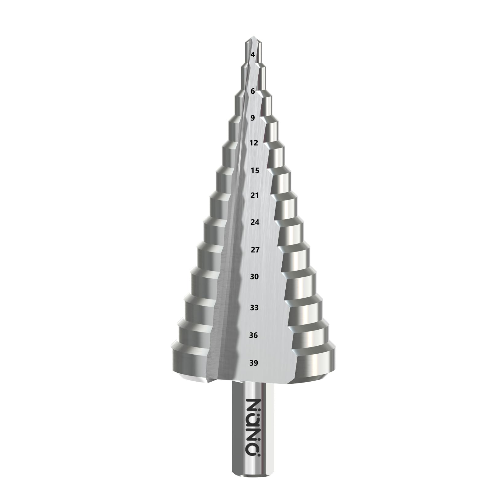 Temolink Stufenbohrer 13 Stufen Ø 4-39 mm, HSS 6542 mit Nano-Beschichtung, Dreikantschaft 10 mm, entgratet, für Metall, Edelstahl, Holz und Kunststoff