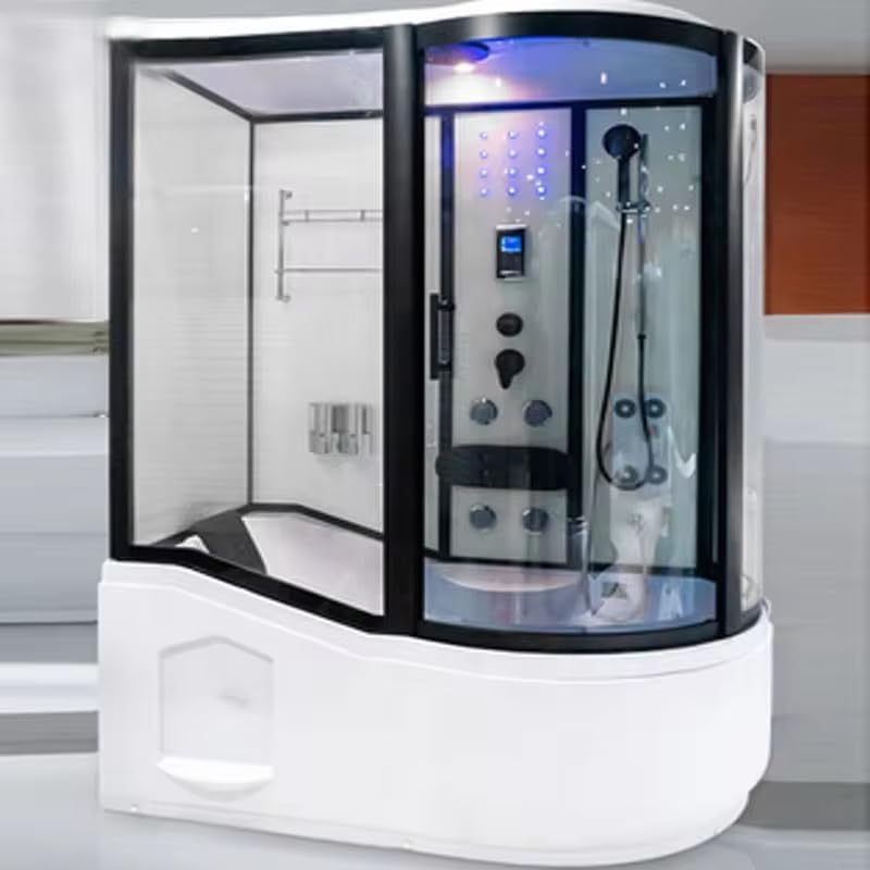 Luxury Steam Shower Cabin with LED Lighting, Digital Control Panel, Massage Jets, Curved Glass Design, White and Black