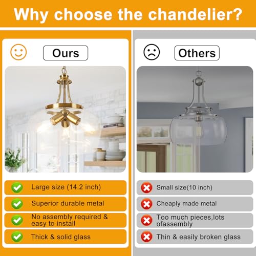 Image of Modern Pendant Lights Kitchen Island, 3-Light Brushed Gold Pendant Light Fixtures with 14.2 inch Clear Glass Shade, Industrial Hanging Pendant Lights Fixture for Kitchen Island Dining Room Entryway Foyer