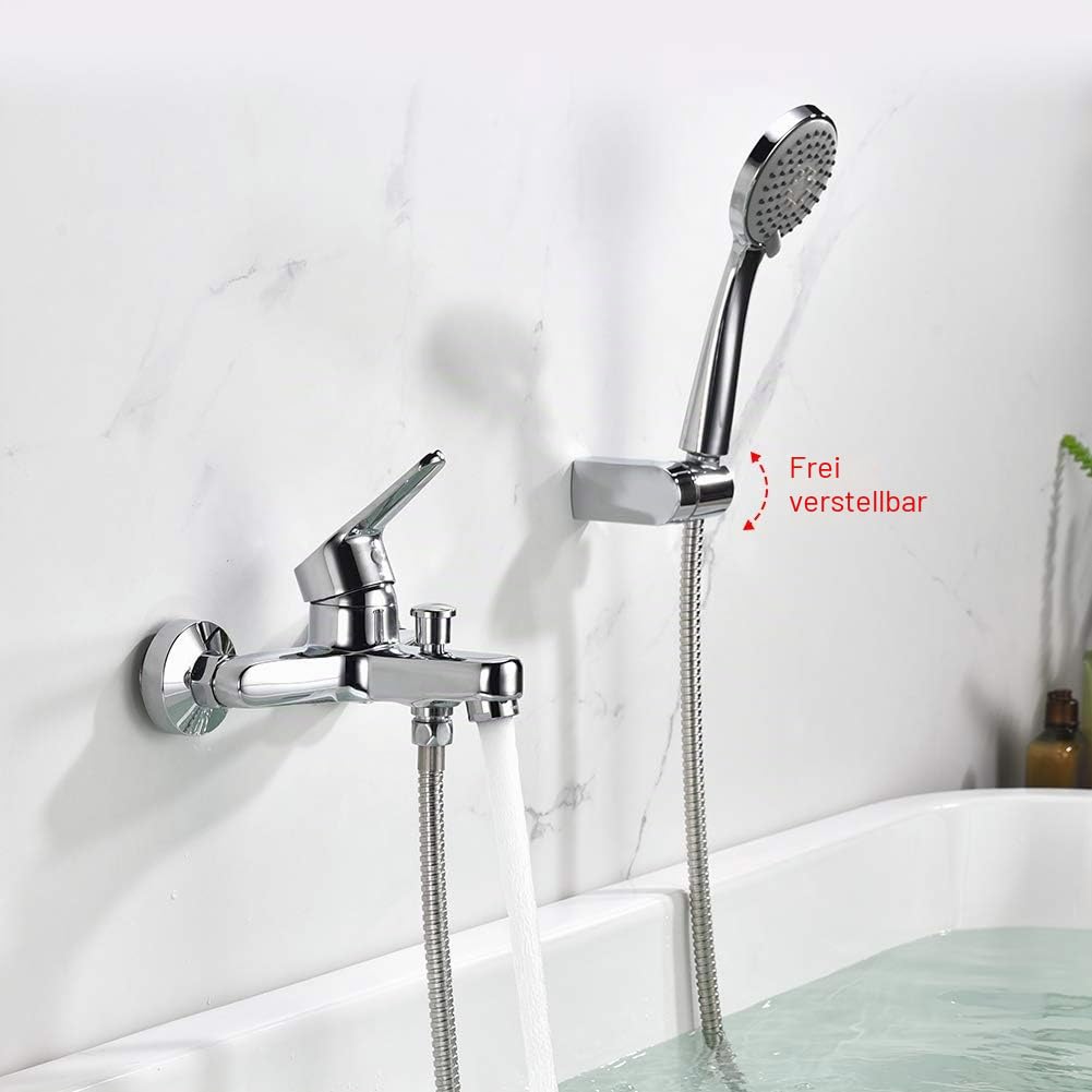 Ibergrif Roma - Einhand Badewannenarmatur Set, Wannenbatterie mit Duschkopf, Duschkopfhalter, und Brauseschlauch, Chrom, Silber