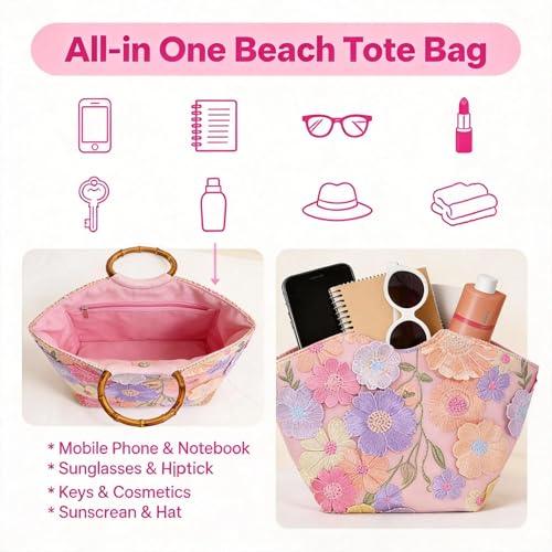 Bolso Tote con Mango de Bambú y Bordado 3D para Mujer miniatura 6