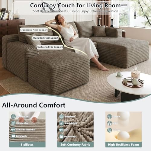 Image of 95 inch Modular Sectional Sofa with Ottoman, Modern Corduroy Cloud Couch with Deep Seat, Boneless Couch Upholstered 4-Seater U-Shaped Sofa for Living Room, No Assembly (Camel,Left-Facing Chaise)