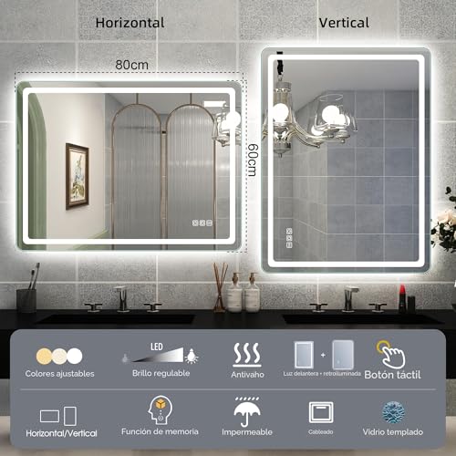 Miniatura 7 de Starlead Espejo De Baño Con Iluminación, 80x60 Cm, Dos Barras De Luz, Retroiluminación Y Frontal, Desenergizante, Regulable, 3 Colores, Ip44, Horizontal Vertical