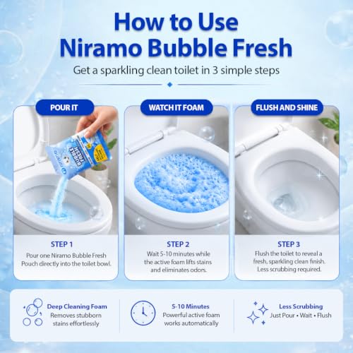 Image of Niramo Bubble Fresh Toilet Cleaner (Pack of 4 x 80g) | Foam Action Bathroom Cleaner | Removes Tough Stains, Limescale & Odour | Multipurpose Toilet, Tiles & Basin Cleaner | Value Pack (320g)