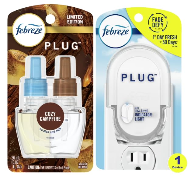 F.e.b.r.e.z.e Odor-Fighting Fade Defy Plug Air Freshener (1 Refill) of 0.87 Fl Oz + Starter Kit (Cozy Campfire)