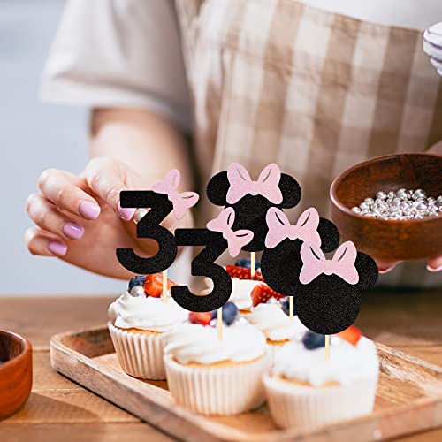 24 Pack 3Rd Birthday Party Cupcake Toppers Number 3 Mini Mouse Inspired Cake Picks Decorations For Baby Shower Mini Theme Kids Third Birthday Party Supplies Black Pink #TOP5