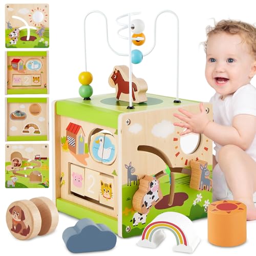 BUYGER Wooden Activity Cube Montessori Toys for 1 2 3+ Year Old Shape Sorter Bead Maze Sensory Eaucational Learning Toys 1st Birthday for Kids Boys Girls Baby 12 18+ Months BUYGER Wooden Activity Cube Montessori Toys for 1 2 3+ Year Old Shape Sorter Bead Maze Sensory Eaucational Learning Toys 1st Birthday for Kids Boys Girls Baby 12 18+ Months