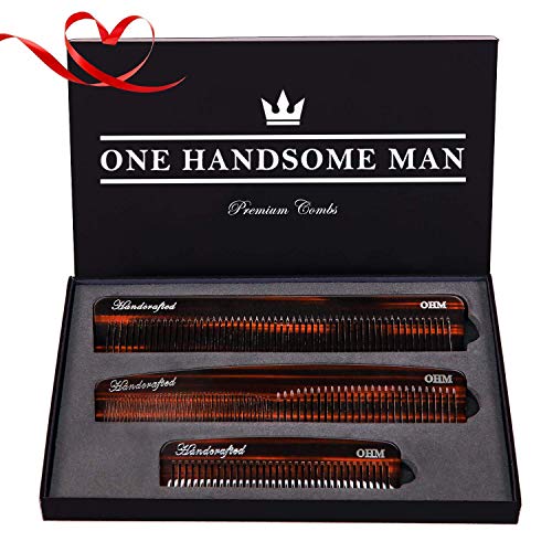 3 Set Mens Comb by One Handsome Man - Anti-Static Hair Comb, Beard Comb, and Mustache Combs For Men with Leather Case and Gift Box - Very Sexy For Him or Regalos Para Hombre