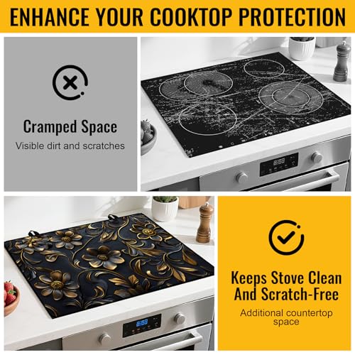 Image of NYZE Stove Cover for Electric and Glass Stove Tops 3-in-1 Stove Mat, Heat Resistant Counter Protector Mat, Non-Slip Surface & Drying Rack (Black Flowers, 28.5 inchLx20.5 inchW)