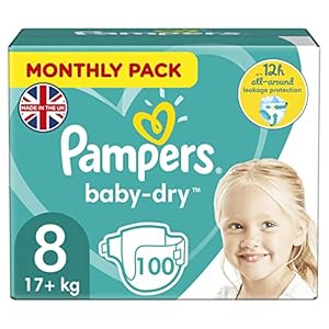 Pampers Baby Nappies Size 8 (17+ kg/37.5 Lb), Baby-Dry, 100 Nappies, MONTHLY SAVINGS PACK, Up To 12h Of All-Around…