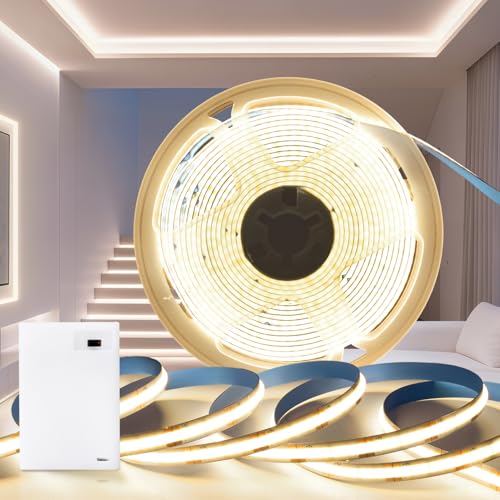 PERVADEO COB Led Light Battery Powered 1M 5V Battery LED Strip Tape Light Warm White 3000K Self Adhesive Flexible Uniform Dotless Cuttable 320LEDs/M for Bedroom Mirror Cabinet Patio Decor