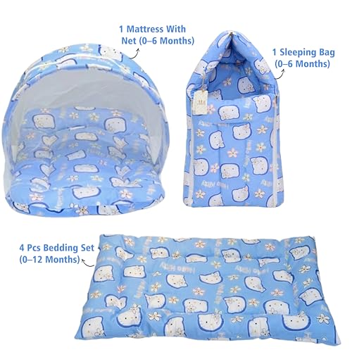 Image of Fareto Combo of Baby Mattress with Net | Carry Bag | 4 Pcs Bedding Set(0-6 Months) (Blue)