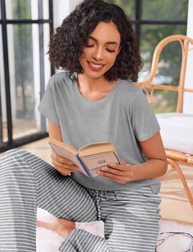 Image of Ekouaer Pajama Sets for Women Round Neck Pjs Short Sleeve Sleepwear with Long Pants Loose Lounge Sets