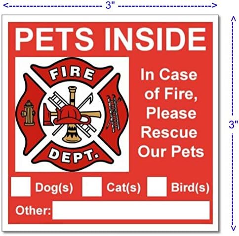 6 Pets Inside Red Safety Alert Warning Window Door Stickers; in Fire or Emergency They Notify Rescue Personnel to Save Pet; 3 X 3 Inches