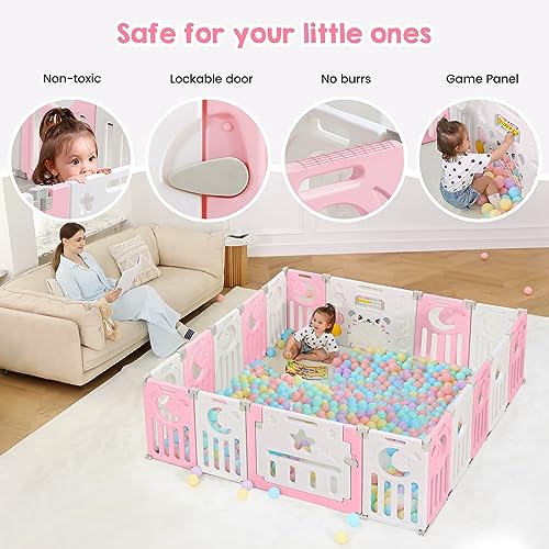 Baby Playpen, Dripex Baby Playard for Babies and Toddlers, 18-Panel Foldable Playpen Adjustable Portable Play Area, Indoor/Outdoor Kids Active Center with Game Panel & Safety Gate, Pink White