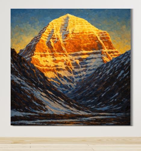 Image of Kunj Cart Mount Kailash Painting | 10+ DESIGNS | Kailash Parvat Canvas Painting for Living Room, Temple Home & Office Wall Decoration (Golden Kailash Mountain, 12x12 Inch, Framed)