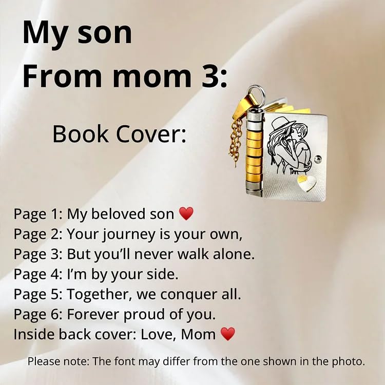 For Son - My Beloved Son Book Necklace,To My son from Mom Dad,Adjustable Silver 18k Gold book Necklaces with 6 Pages of Engraved Information,Openable Multi Layer Necklace Jewelry Gift2