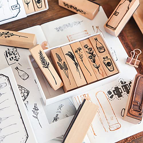 9 Stück Stempel Holz Stempel Natürliche Pflanze Seal Set für Scrapbooking, Kinder DIY Karten Cover